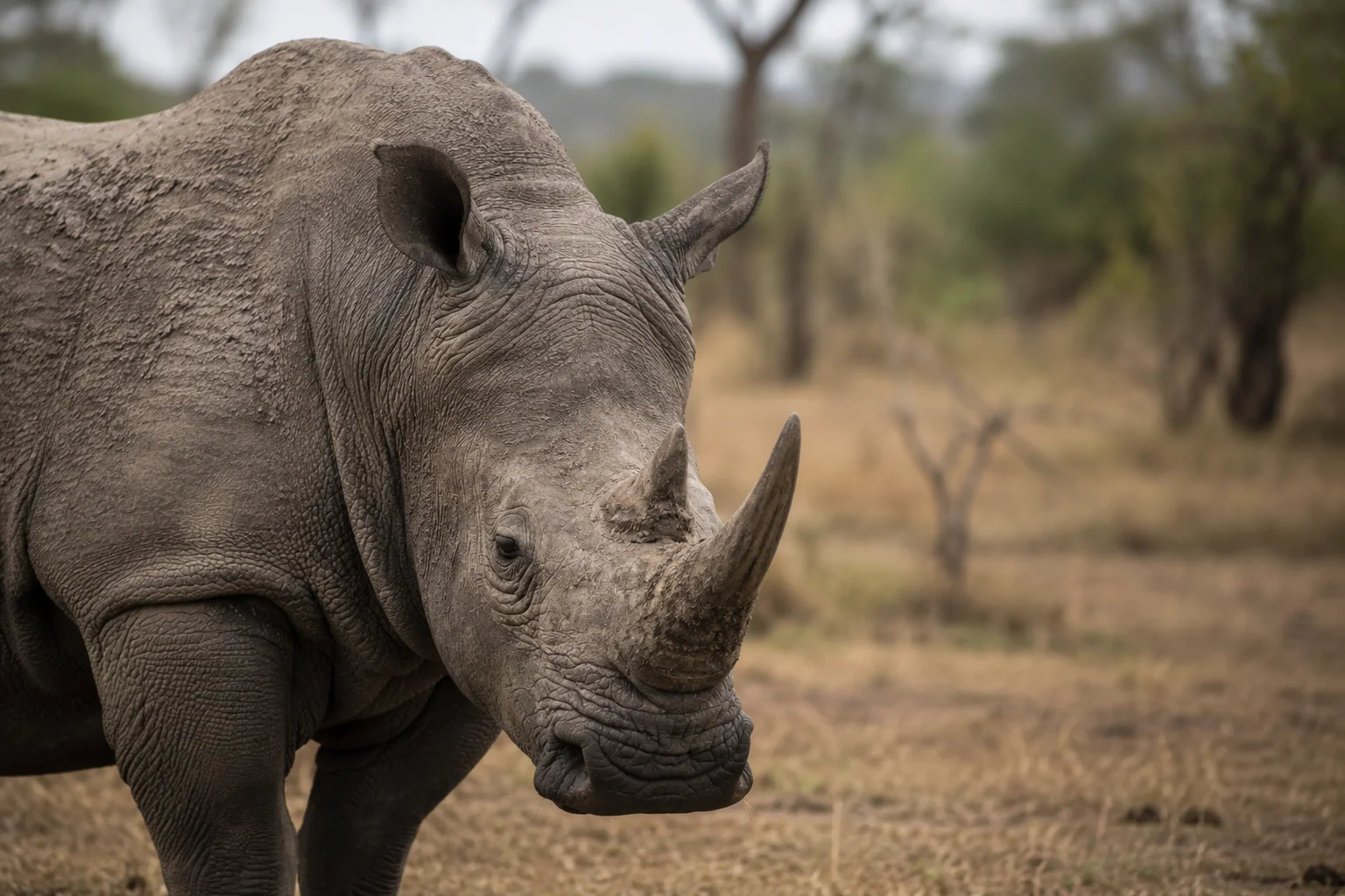 Rhino with small eyes looking into the camera.