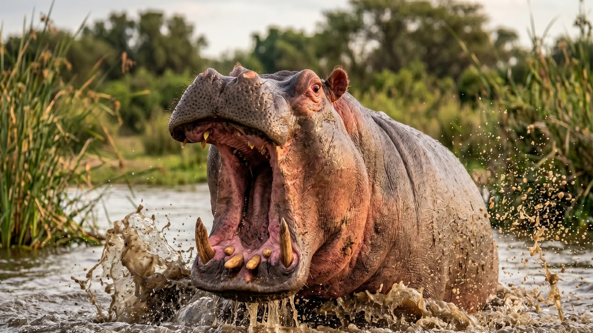 Agressive hippo. The most dangerous mammal in Africa.