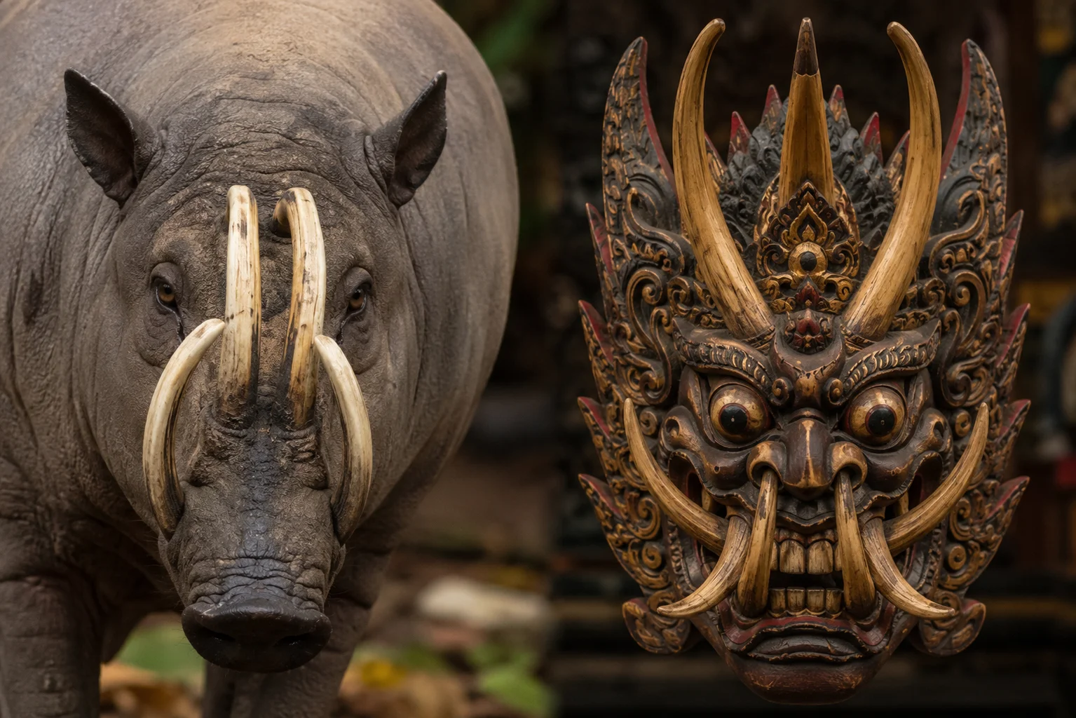 For centuries, native artisans carved highly elaborate, deeply intimidating wooden demon masks, known as Rakshasa, heavily basing the terrifying upward-curving horns of the masks directly on the bizarre anatomy of the babirusa skull.