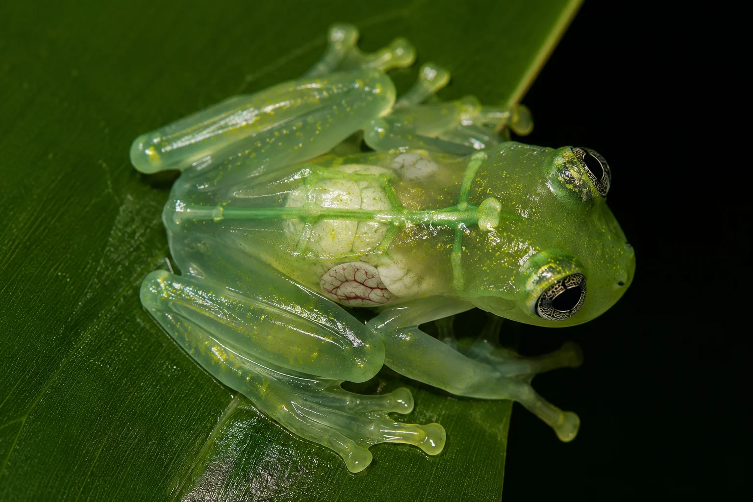 Along with having clear skin, the internal skeleton of many glass frog species is just as colorful as their surroundings. Instead of having standard white or yellow bones like most animals, many glass frogs have bright green bones. This is caused by a high concentration of a specific green bile pigment called biliverdin inside their skeletal structure, which further helps them blend into their leafy environments.