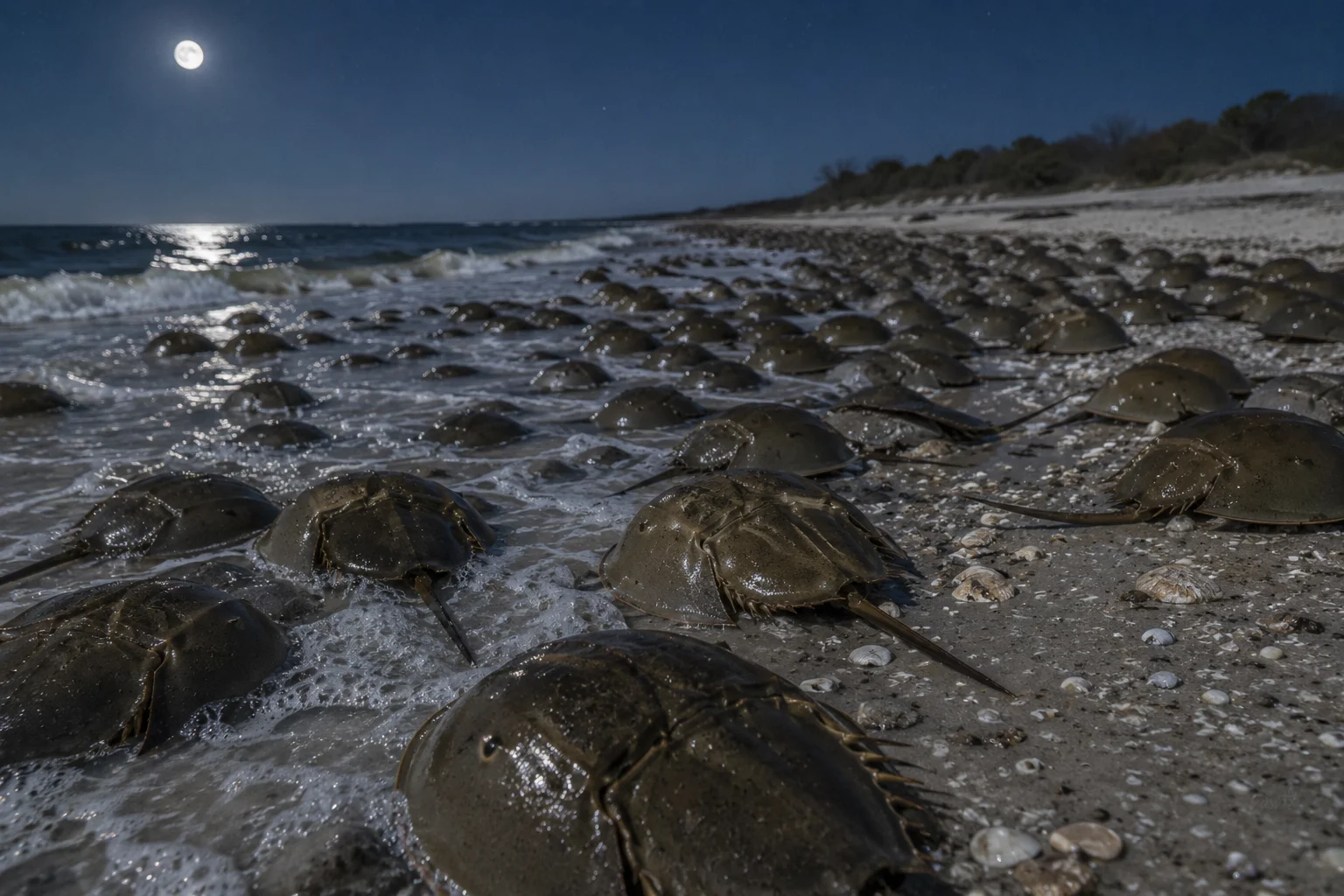 Horseshoe crabs have a highly synchronized breeding schedule that relies heavily on the lunar cycle. During the spring and early summer, they wait for the highest tides, which occur during the new and full moons. 