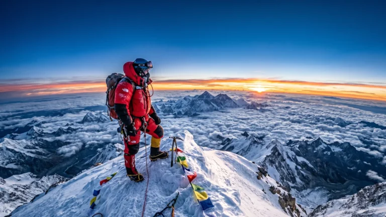 Climber standing on the snowy summit of Mount Everest at sunrise, looking above the clouds.