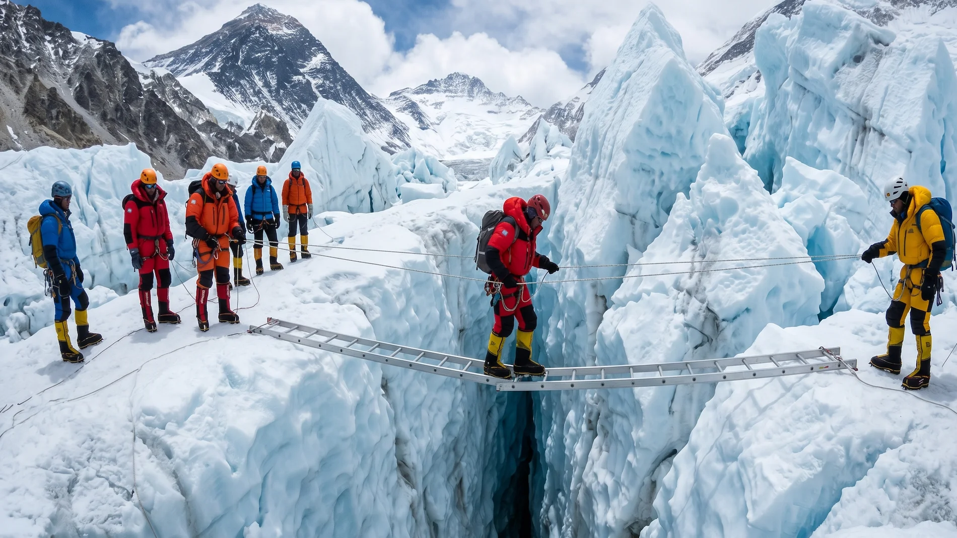 Mountaineers crossing a deep crevasse on an aluminum ladder in the dangerous Khumbu Icefall on Mount Everest.