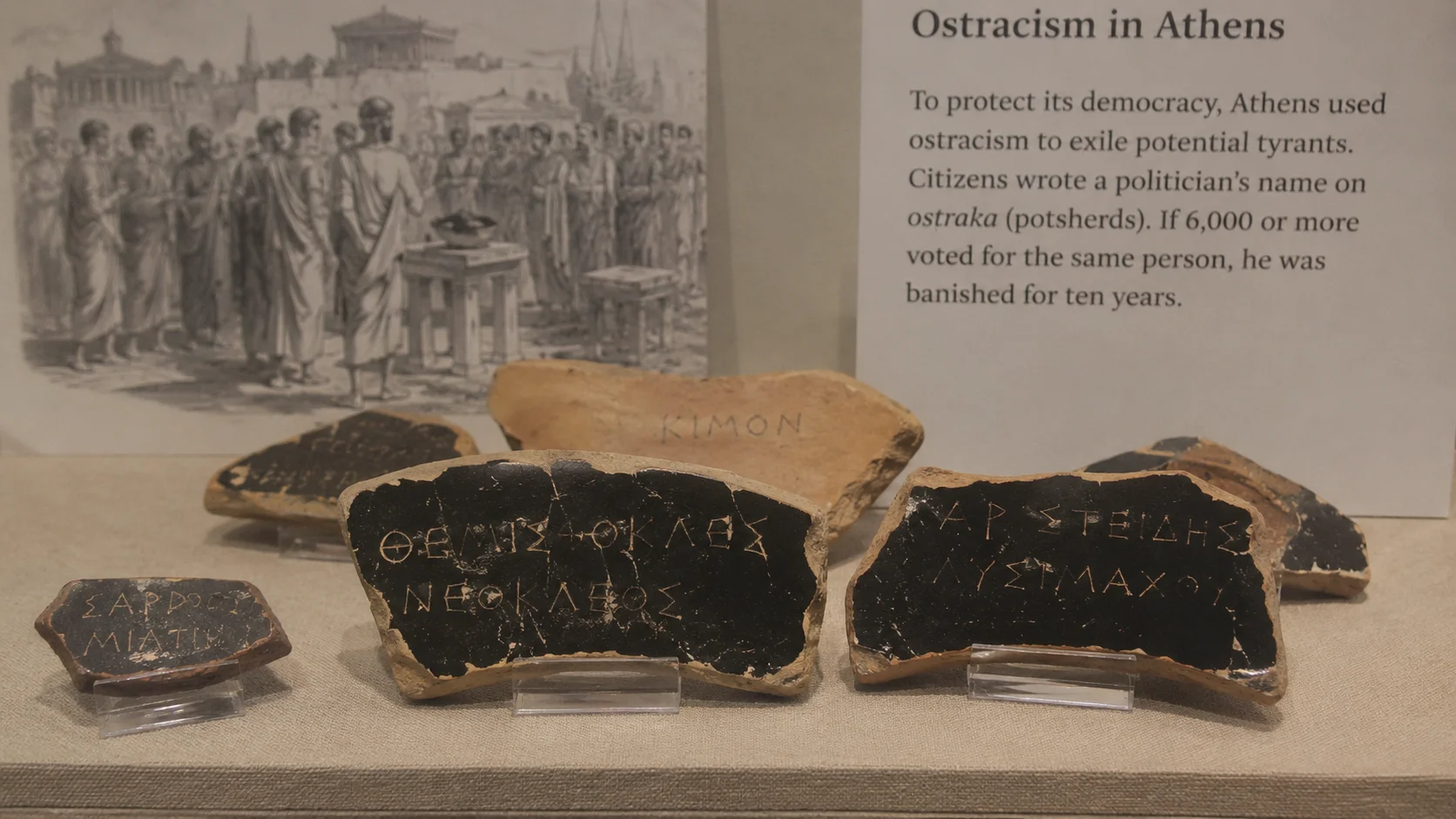 Athenians used a system called ostracism. Once a year, citizens could write the name of an overly powerful or unpopular politician on a piece of broken pottery called an ostrakon. If a person received a majority of votes (requiring a quorum of 6,000), they were exiled from Athens for exactly ten years, though they kept their property and citizenship.