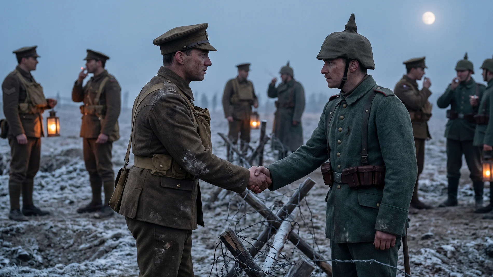 A poignant image of British and German soldiers shaking hands over the barbed wire during the Christmas Truce of 1914.