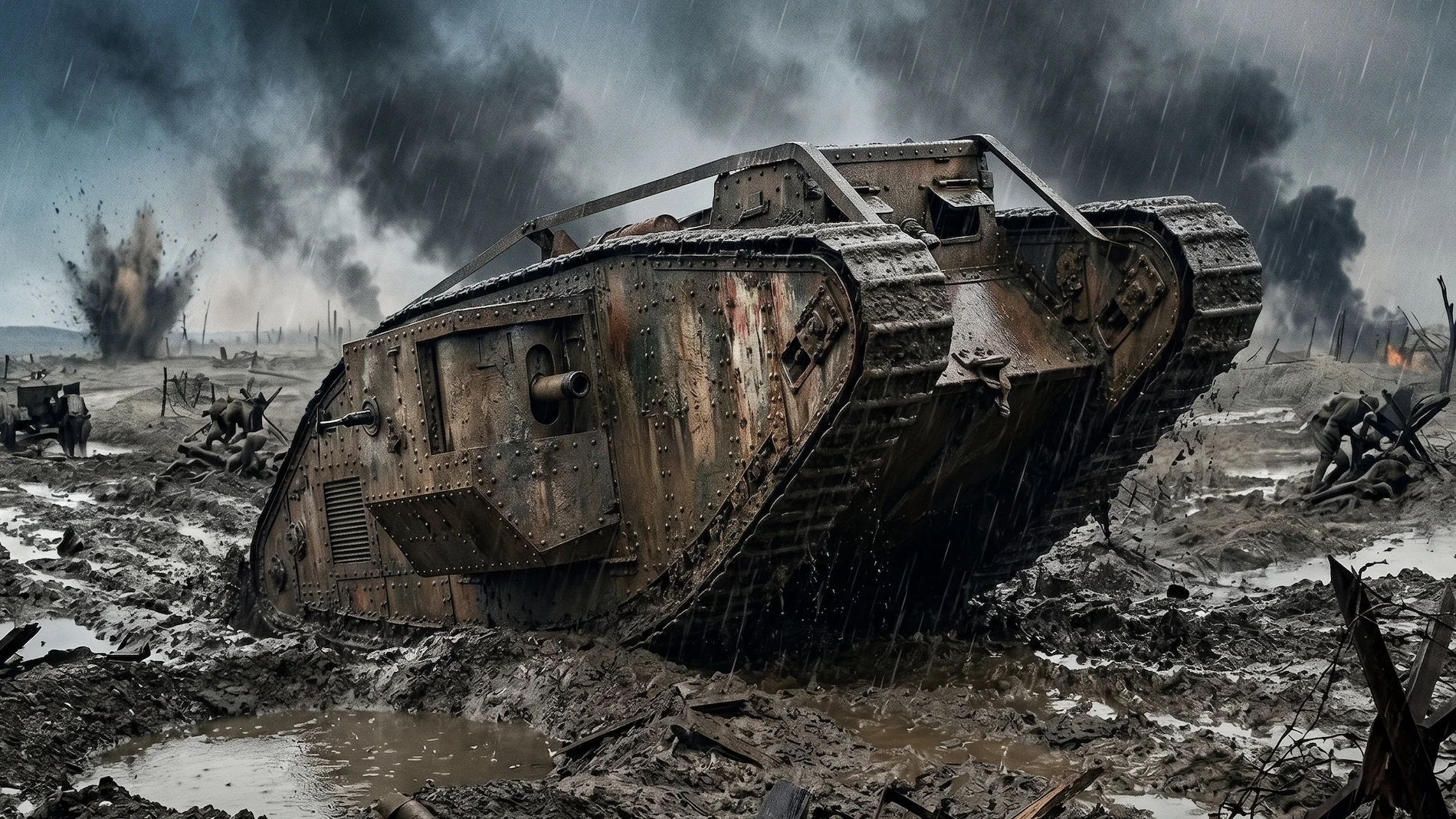 A high-quality photo of an early British tank lumbering across a devastatingly muddy battlefield during World War I.