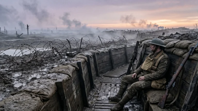 A somber, mud-covered trench landscape on the Western Front at dawn with a solitary British soldier looking towards No Man's Land during World War I.