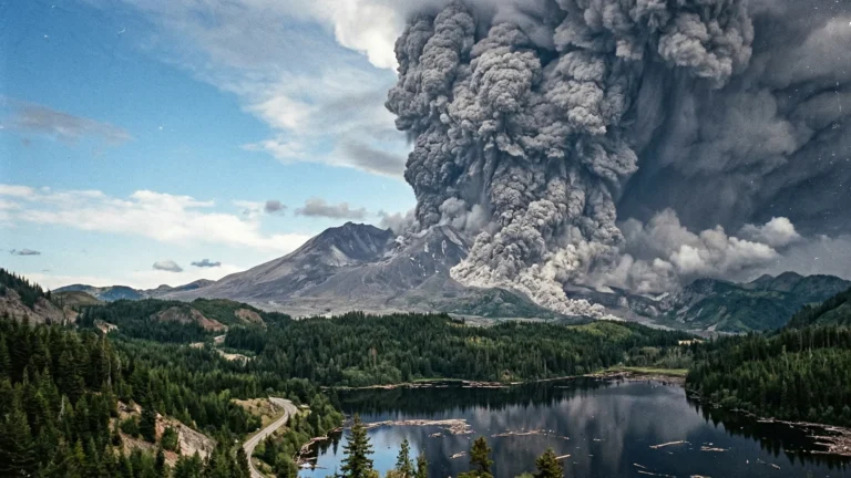 Dramatic historical photo of the 1980 Mount St. Helens volcanic eruption with a massive ash plume towering into the sky.