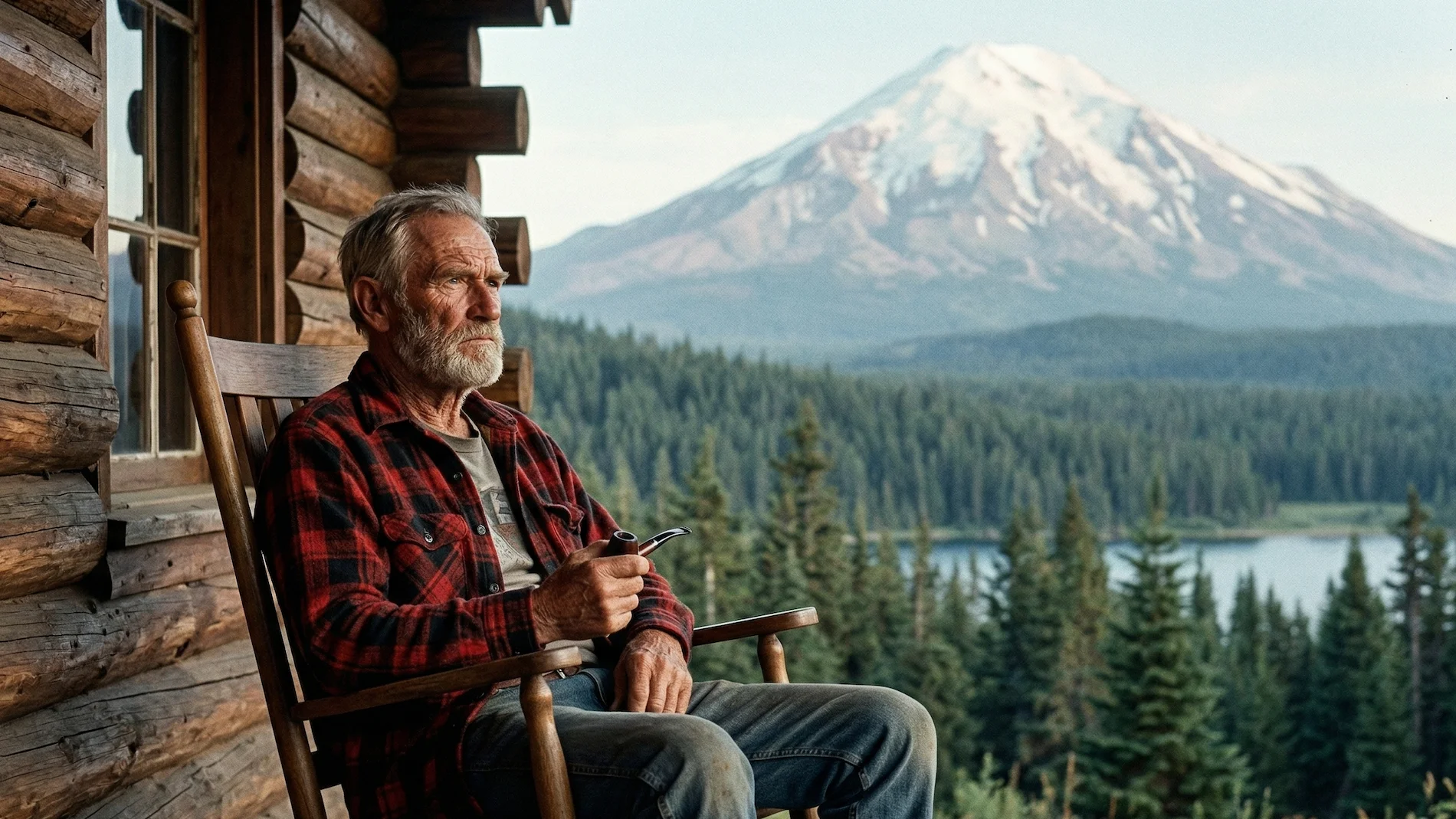 Vintage color photo of lodge owner Harry R. Truman sitting on his porch with Mount St. Helens volcano in the background.