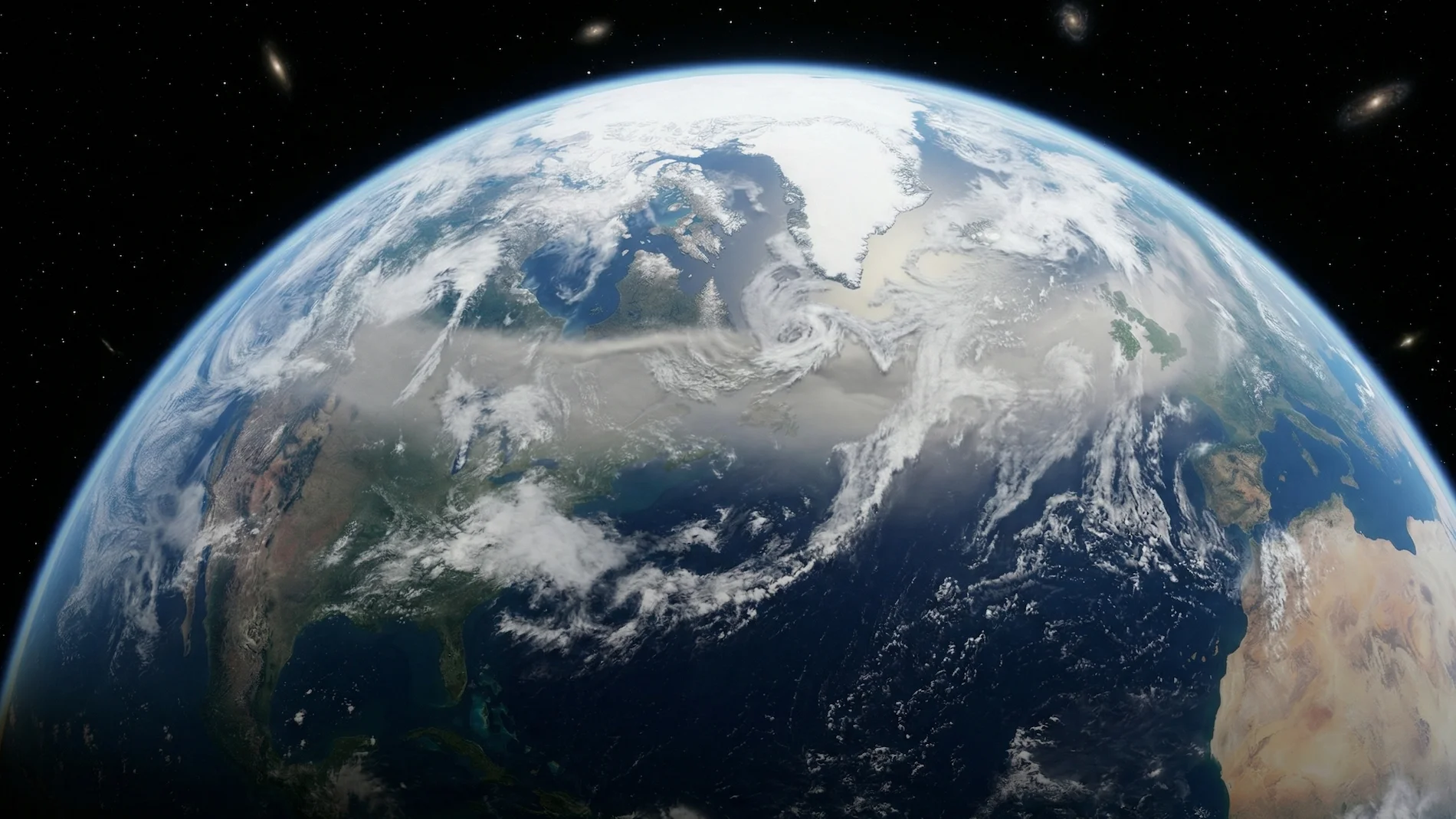 Satellite view showing the volcanic ash plume from Mount St. Helens circling the Earth in the upper atmosphere.