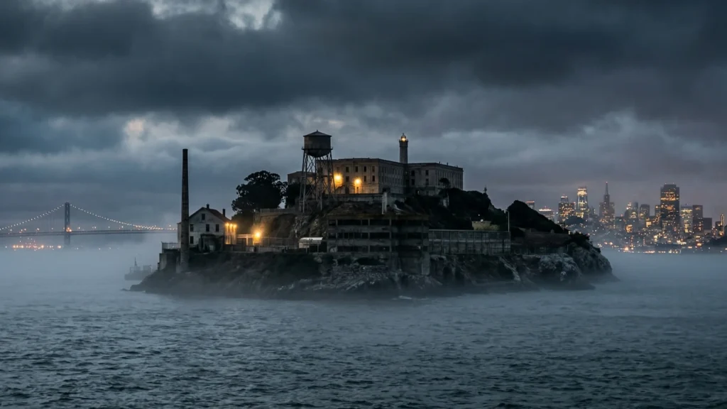 Alcatraz in the dark rainy day
