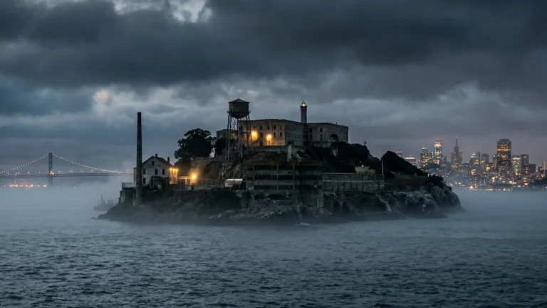 Alcatraz in the dark rainy day