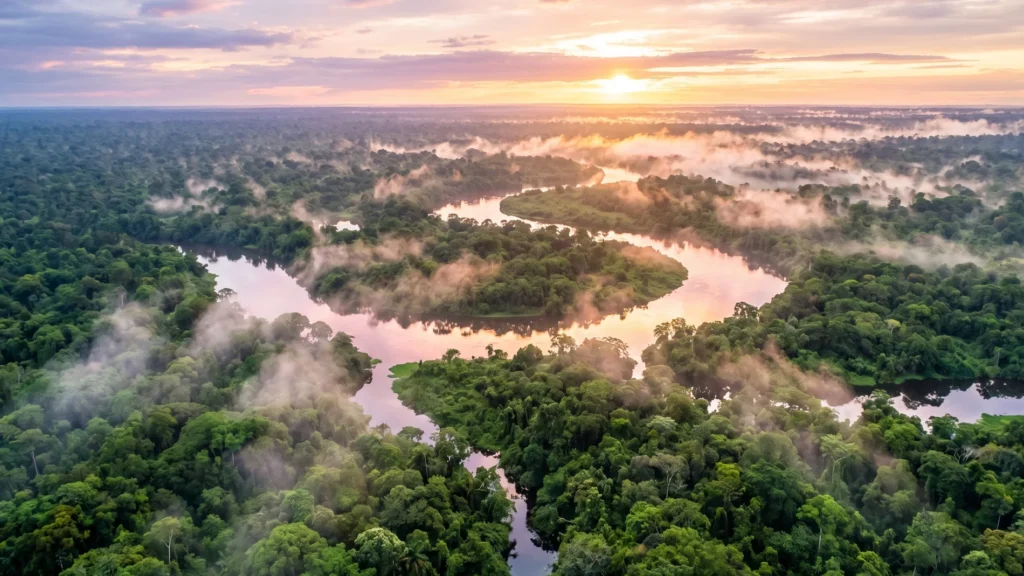 An aerial view of the vast Amazon Rainforest canopy and the winding Amazon River covered in morning mist.