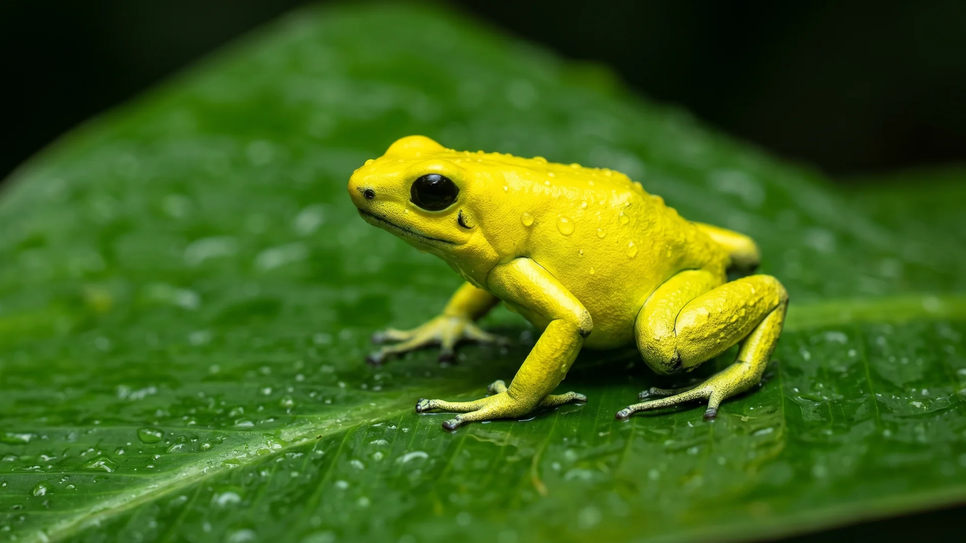 A vibrant neon yellow Golden Poison Dart Frog sitting on a wet green leaf in the Amazon Rainforest.