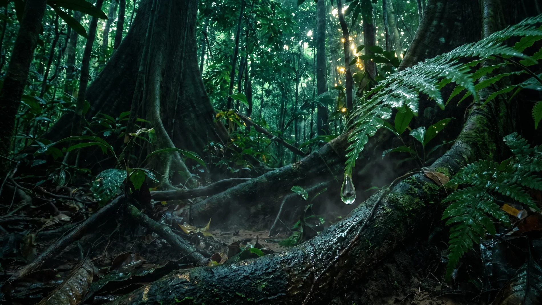 A low-angle photograph showing the dark Amazon rainforest floor in perpetual twilight with water dripping from leaves.