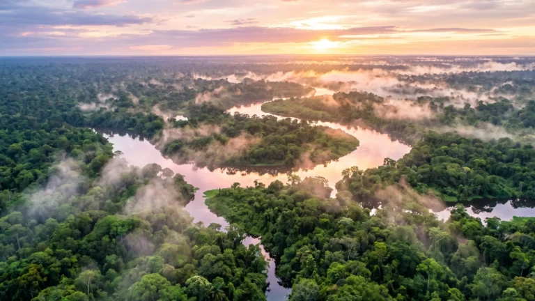 An aerial view of the vast Amazon Rainforest canopy and the winding Amazon River covered in morning mist.