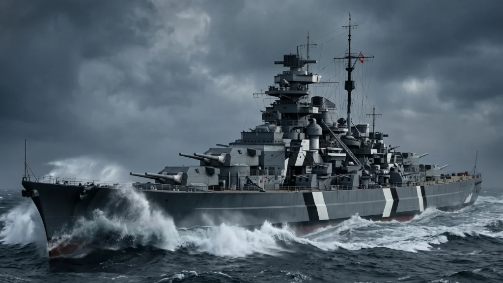 A dramatic photograph of the massive German battleship Bismarck sailing through stormy seas in the North Atlantic.