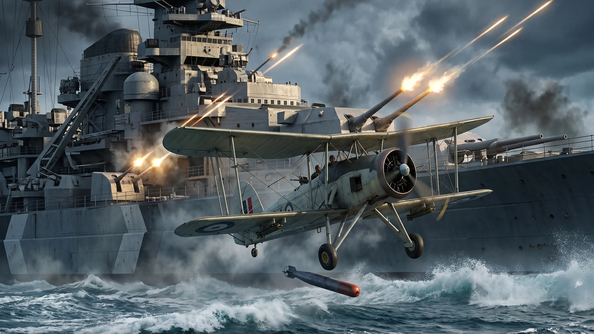 A British Fairey Swordfish biplane attacking the giant battleship Bismarck with a torpedo during World War II.