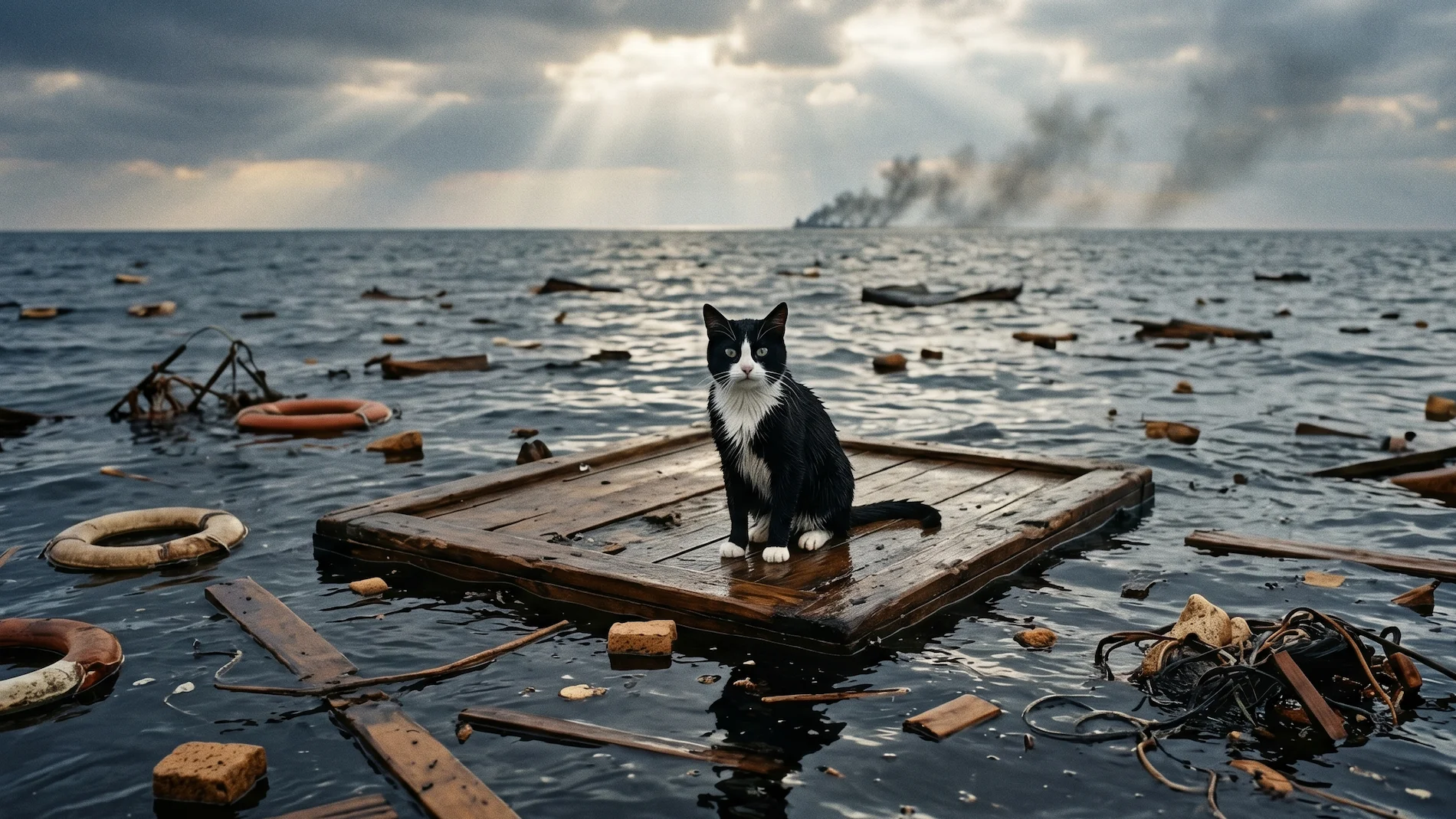 A black-and-white tuxedo cat known as Unsinkable Sam sitting safely on floating wooden wreckage after a shipwreck.