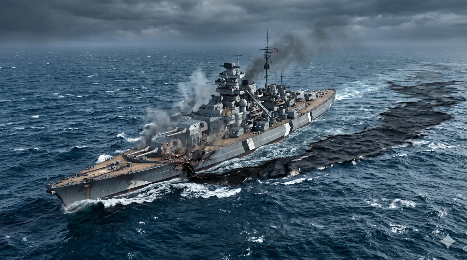 An aerial view of the damaged battleship Bismarck trailing a massive black oil slick through the ocean waves.