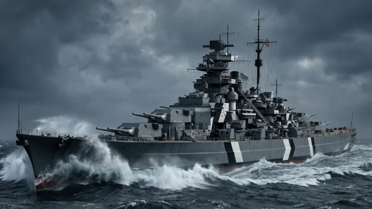 A dramatic photograph of the massive German battleship Bismarck sailing through stormy seas in the North Atlantic.