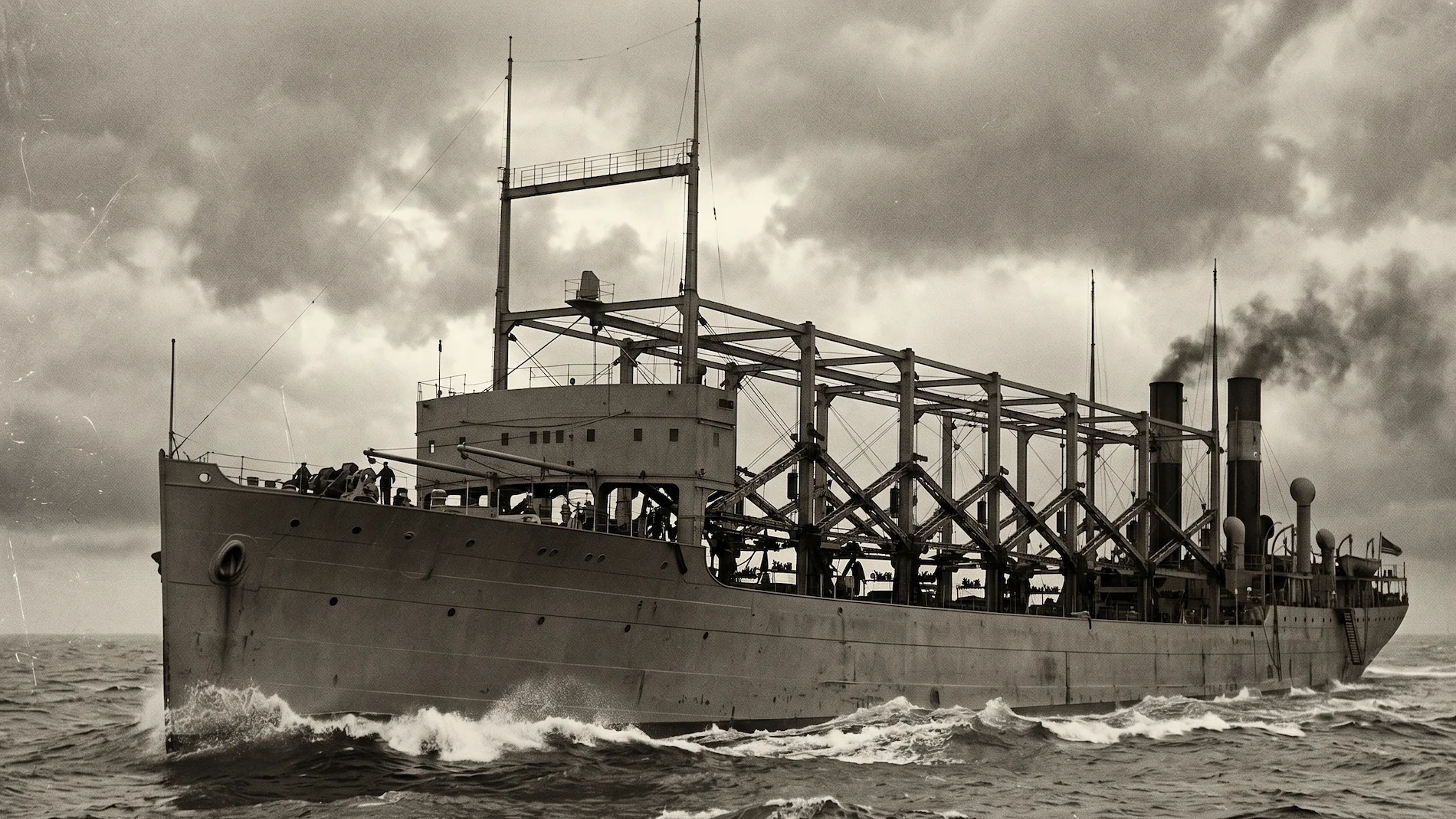 Historical photo of the massive military collier USS Cyclops sailing in choppy gray ocean waves in 1918.