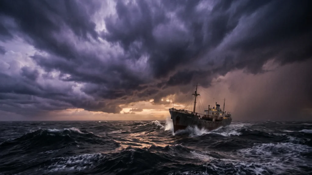 A dramatic historical photo of a ship struggling in stormy, dark waters of the Bermuda Triangle at dusk.