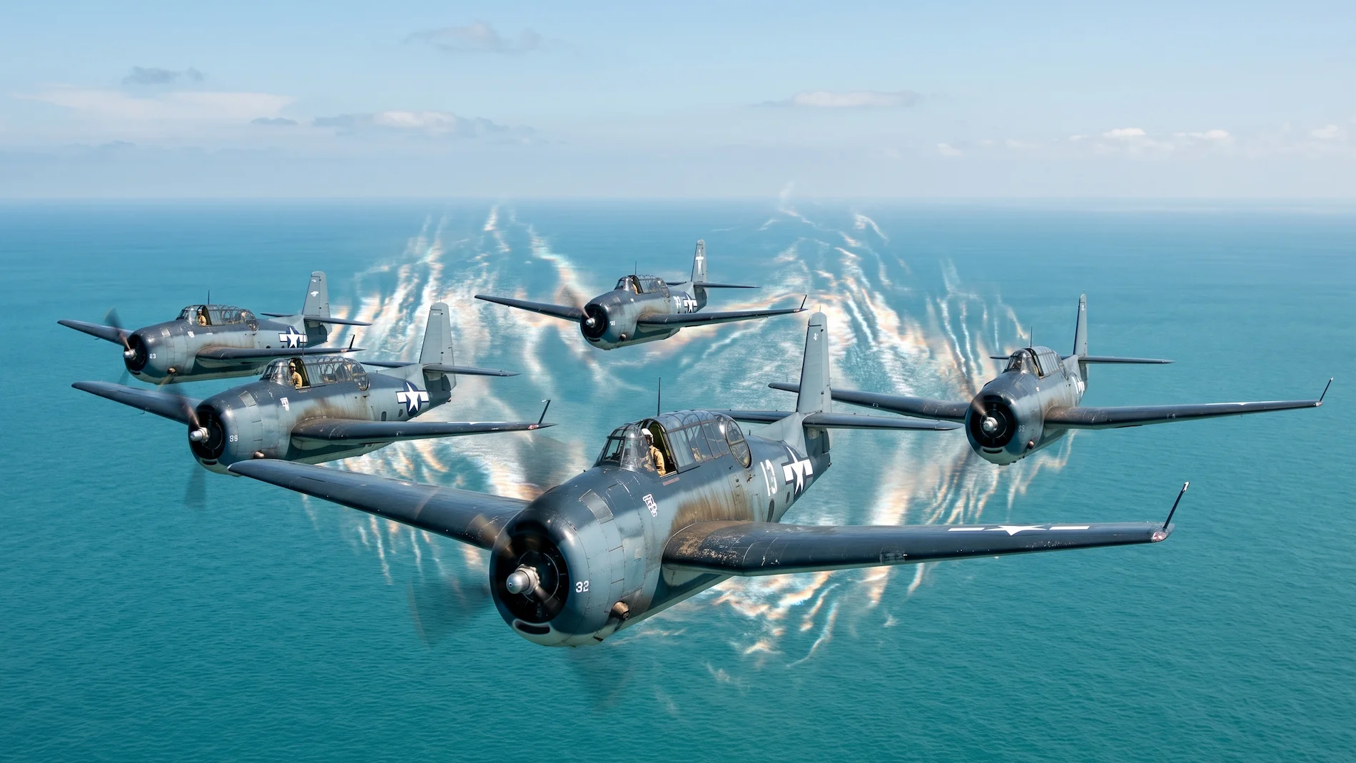 Historical photo of Flight 19, five TBM Avenger bombers, flying over the Caribbean ocean before their disappearance.