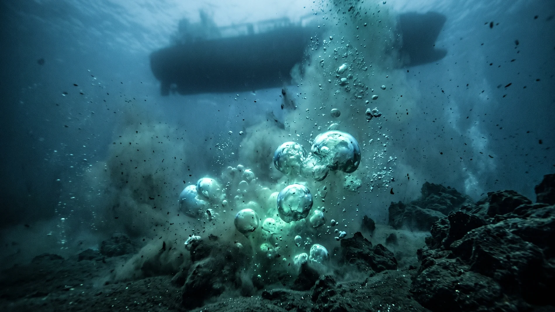 A deeply surreal, underwater close-up shot of the ocean floor. Massive, spherical, glowing methane bubbles are erupting from the sediment and rising violently towards the surface. Blurred and eerie silhouette of a ship's hull is visible from below, approaching the gas plume. Ominous, eerie deep-sea lighting, 16:9 aspect ratio.