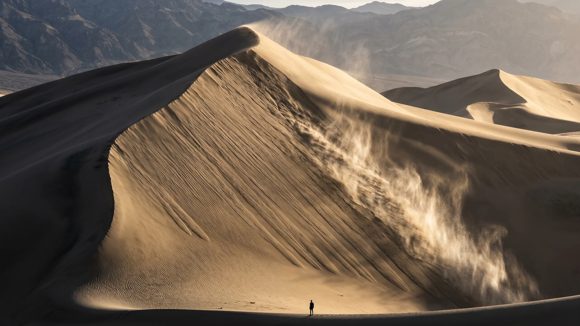 A dramatic photograph capturing a massive sand avalanche cascading down the steep slope of the Eureka Dunes in Death Valley, creating a visible plume of dust.