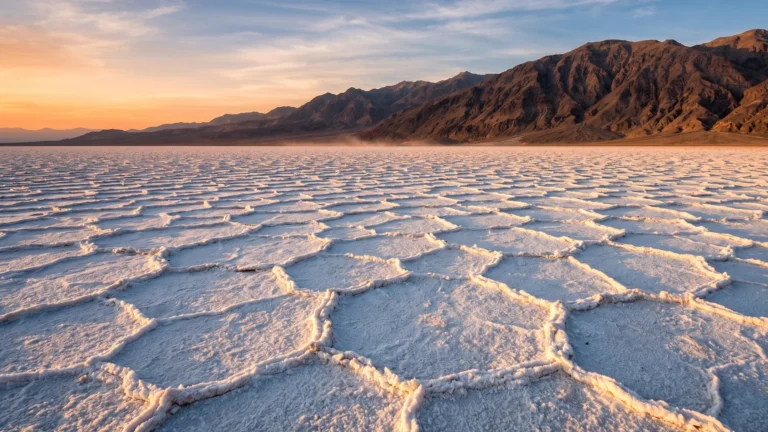 A wide landscape photograph of the geometric salt flats at Badwater Basin in Death Valley at sunrise.