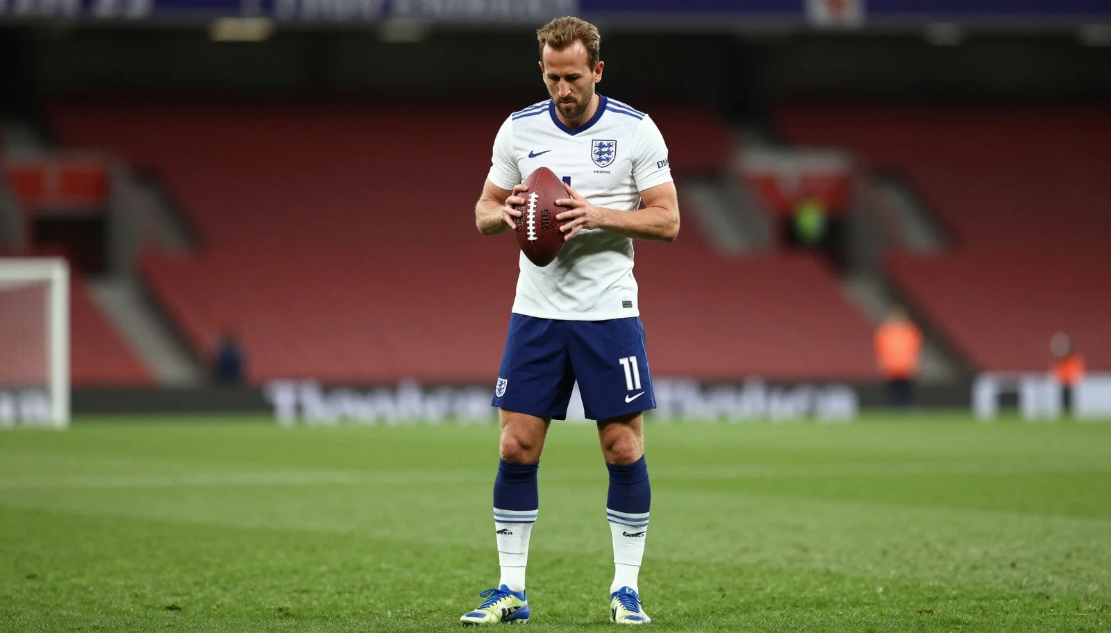 A creative photograph of football striker Harry Kane holding an American NFL football on a soccer pitch.