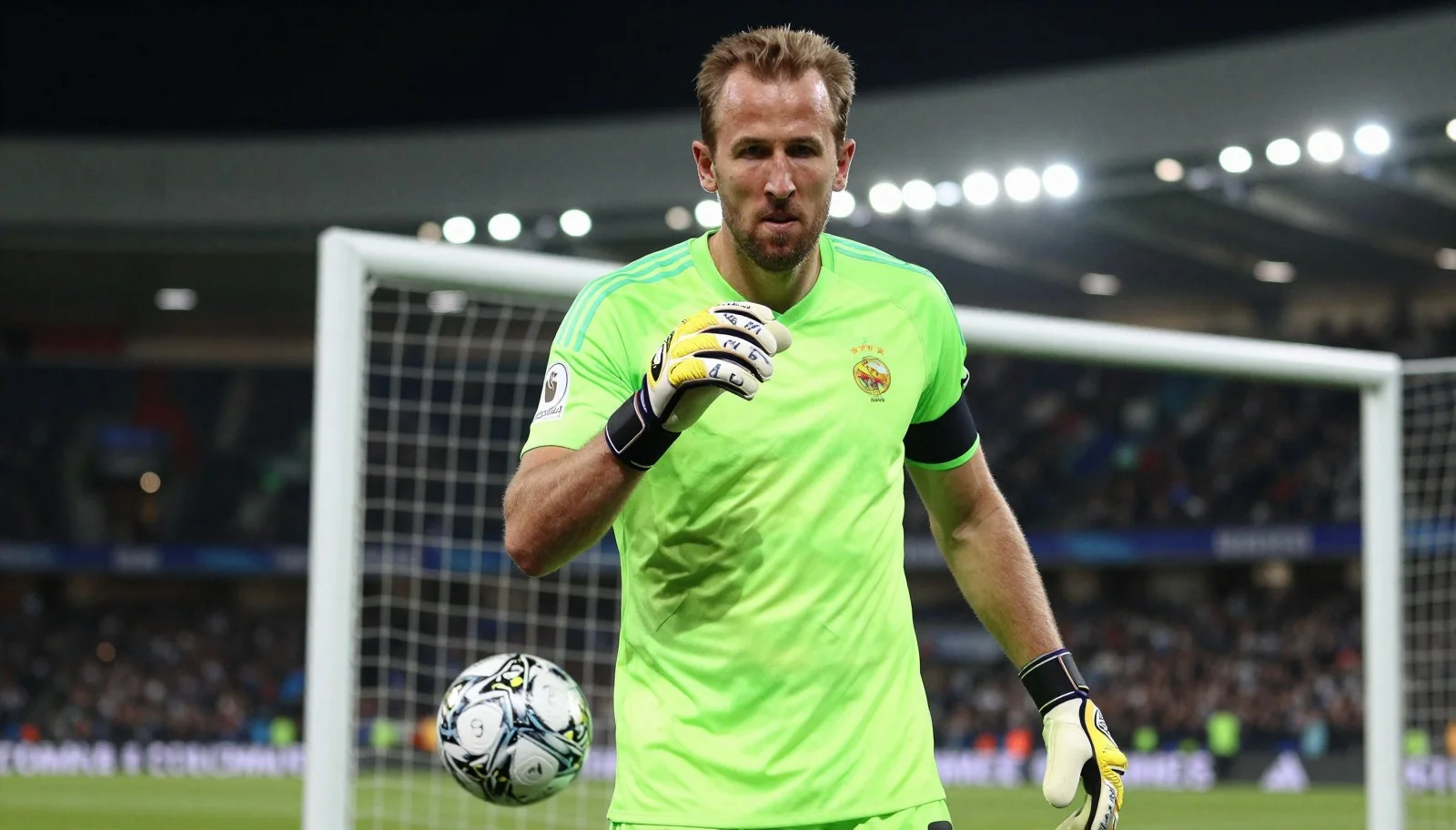 A photograph of a football striker awkwardly wearing an oversized goalkeeper jersey and gloves while standing in the goal.