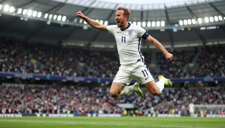 A dynamic photo of Harry Kane performing his trademark jumping fist-pump goal celebration in an England shirt.