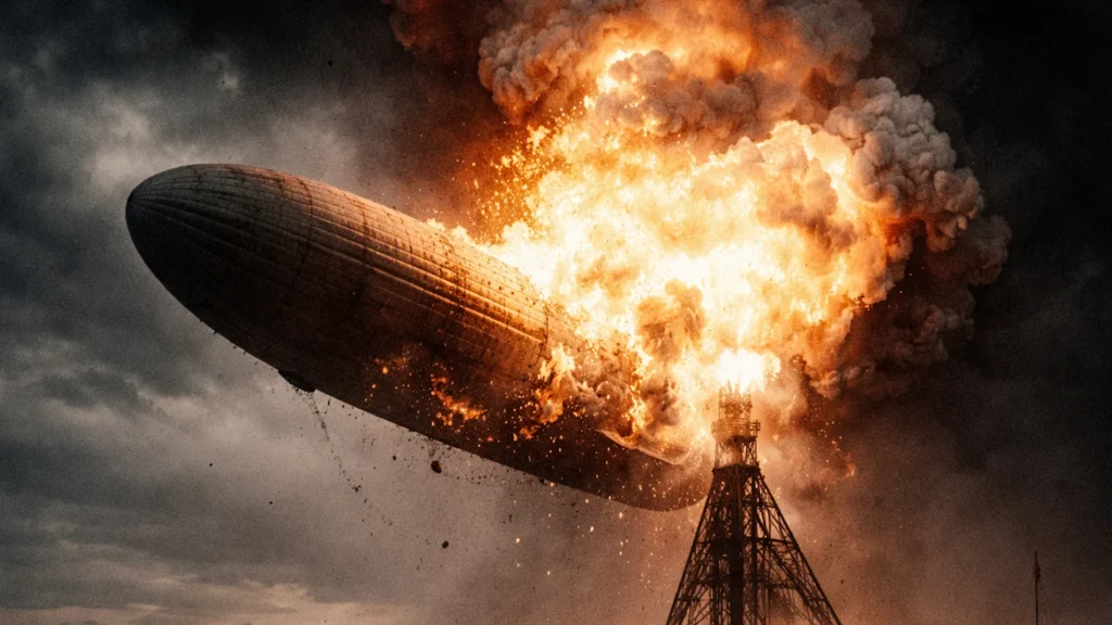 Historical colorized photograph of the massive Hindenburg airship exploding in flames at the Lakehurst mooring mast in 1937.