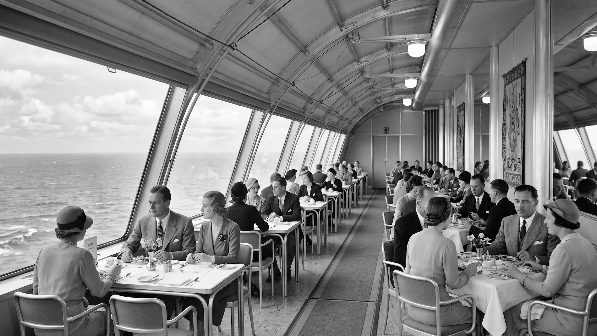 Vintage 1930s photo showing the luxurious dining room and panoramic observation windows inside the Hindenburg airship.