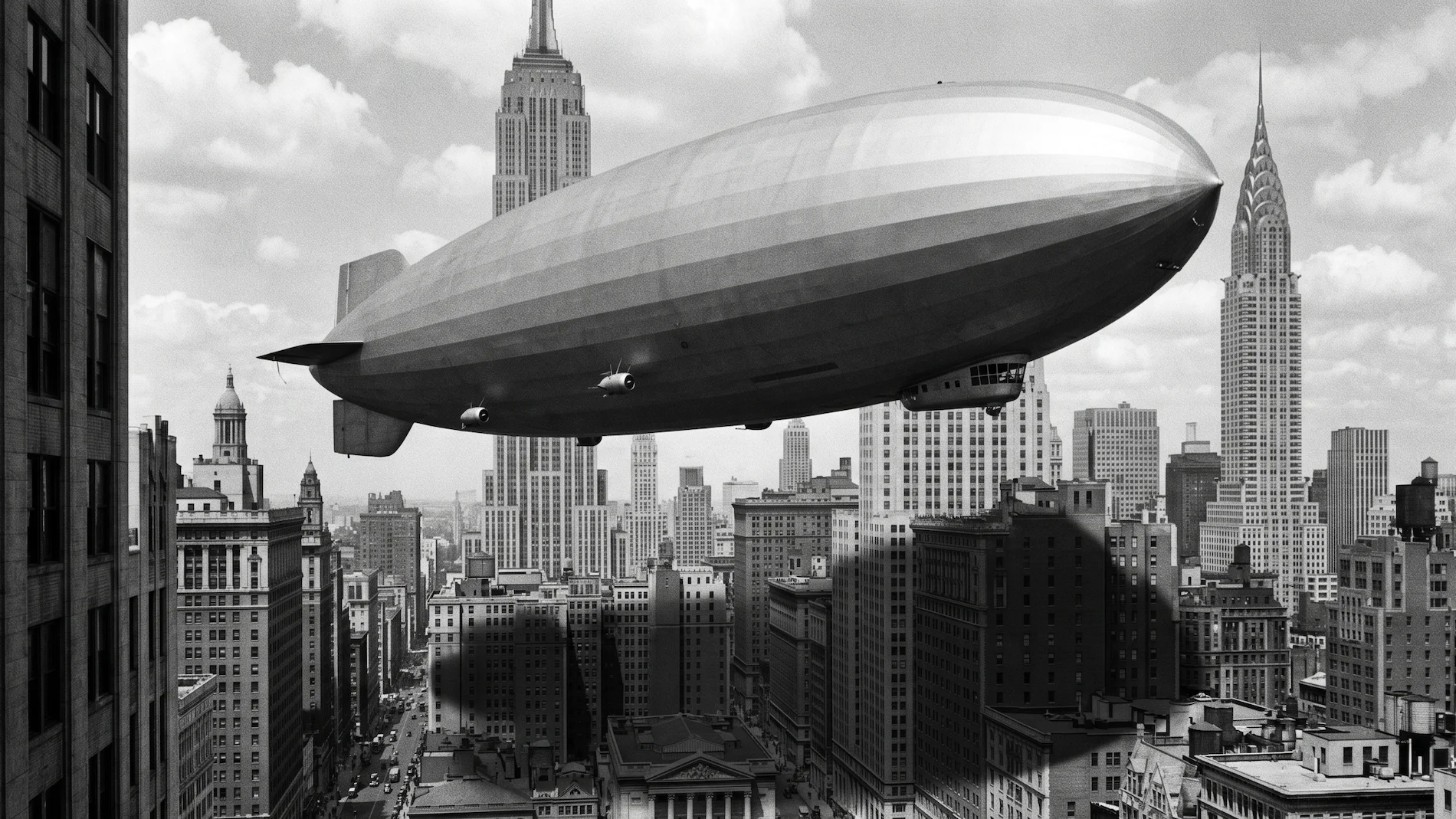 Historical photograph showing the immense scale of the Hindenburg airship as it casts a huge, dark shadow over the skyscrapers of New York City in 1937.