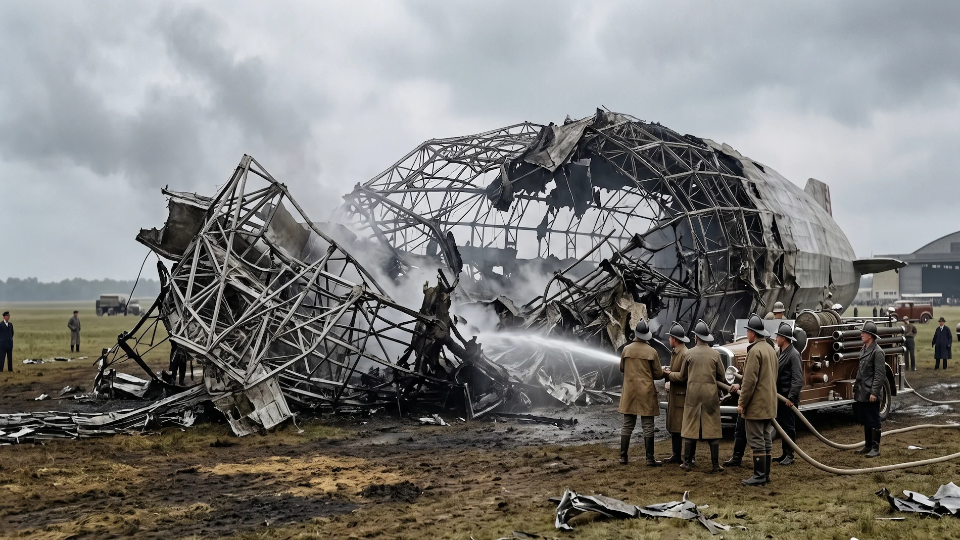 The smoldering duralumin skeletal wreckage of the Hindenburg airship on the ground after the disaster.