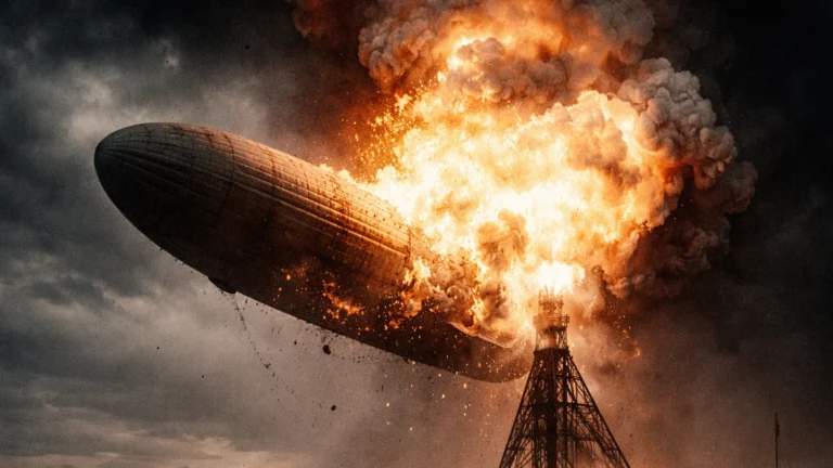 Historical colorized photograph of the massive Hindenburg airship exploding in flames at the Lakehurst mooring mast in 1937.