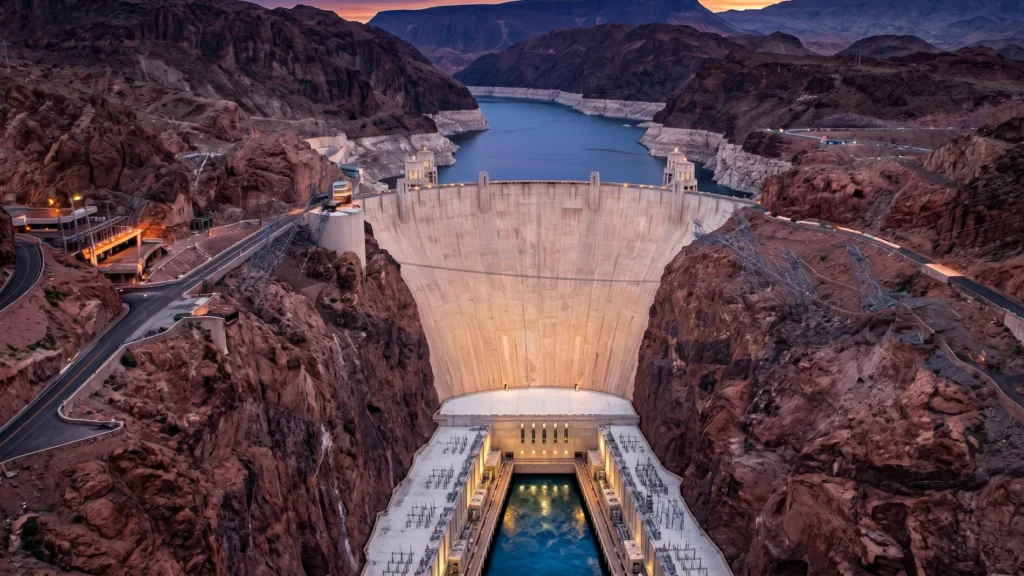 A majestic panoramic photograph of the massive Hoover Dam at twilight with Lake Mead and the Colorado River.