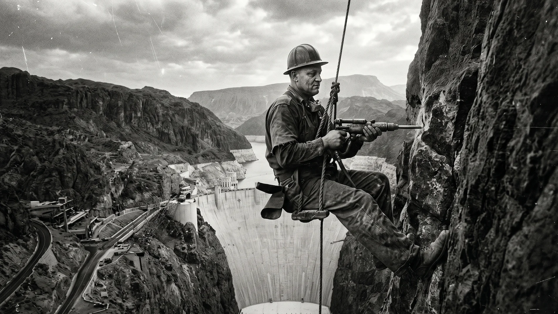 A poignant vintage photo recommendation showing a Hoover Dam high scaler worker dangling dangerously against the Black Canyon wall.
