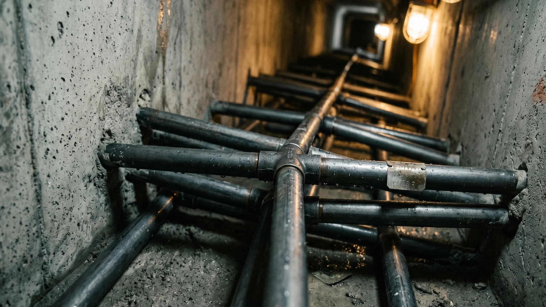 A detailed photo showing the complex internal cooling pipe network within a massive concrete block of the Hoover Dam.