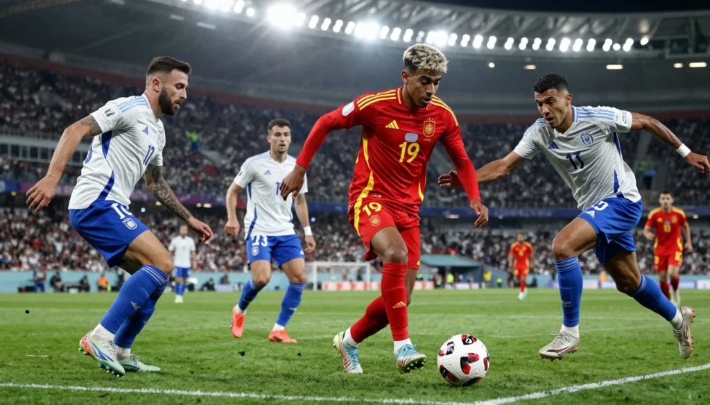 A dynamic action photograph of Lamine Yamal dribbling past defenders during a Spain national team match.