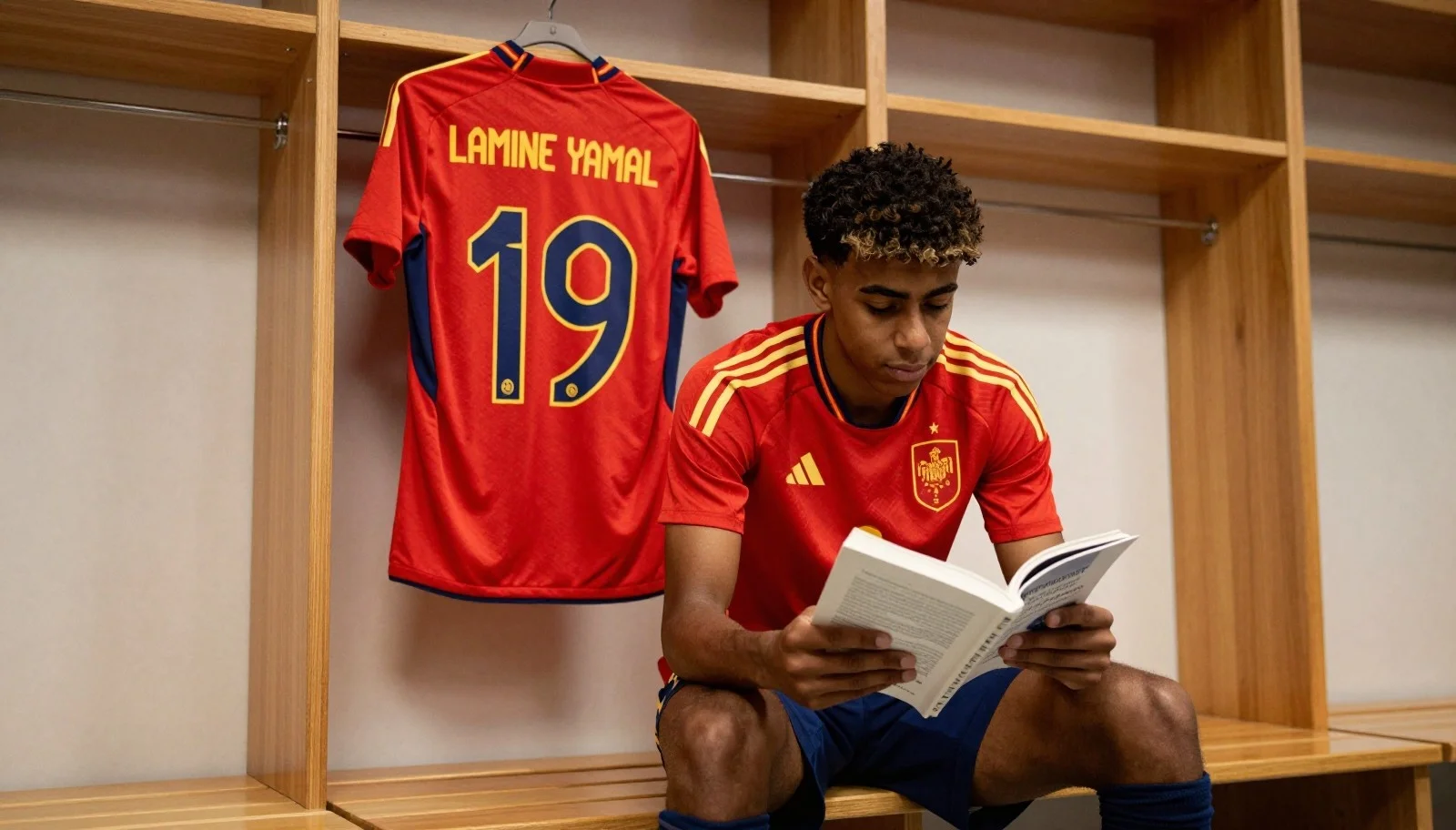 A photograph of Lamine Yamal sitting in the Spain dressing room holding a school textbook next to his jersey.