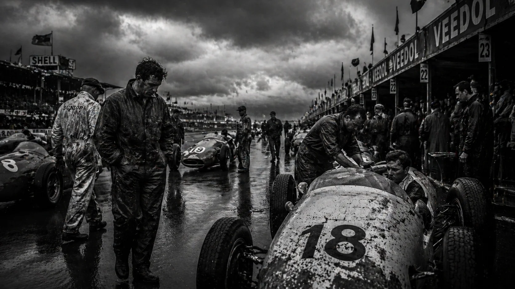 A somber, atmospheric black and white historical photo of exhausted drivers and mechanics in a 1950s pitlane.