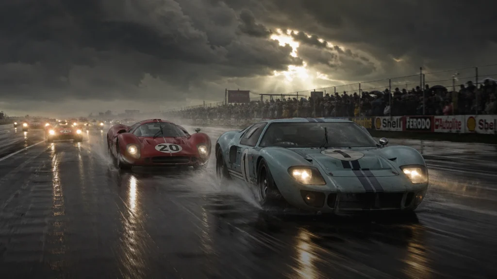 A dramatic cinematic shot of classic 1960s prototype race cars battling on a wet, misty track at high speed.
