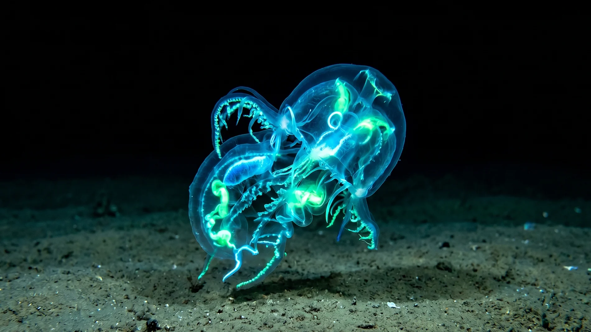 A glowing bioluminescent creature swimming over the barren sandy floor of the Mariana Trench in total darkness.