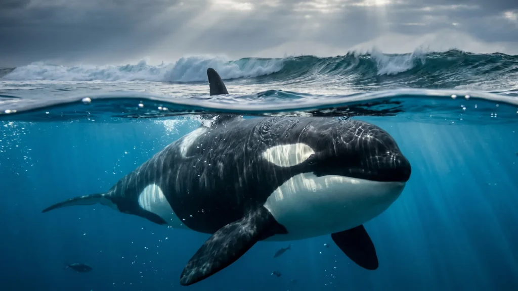 A majestic split-shot underwater photograph of a large wild orca swimming in the deep blue ocean.