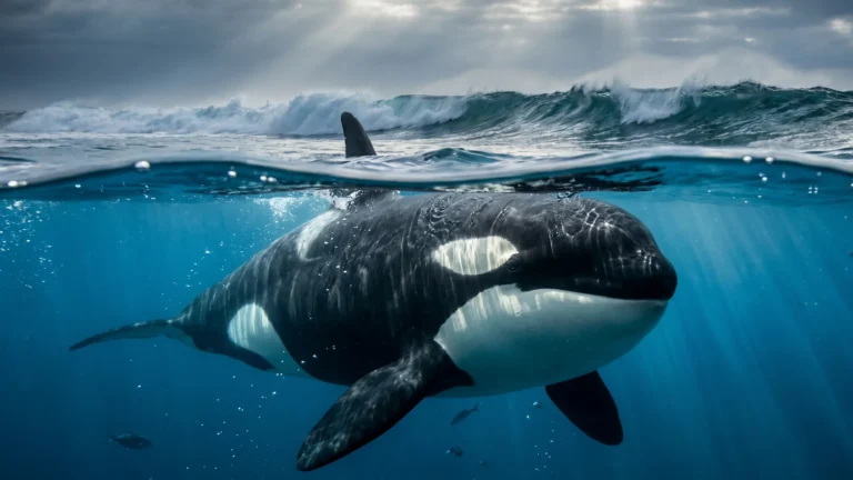 A majestic split-shot underwater photograph of a large wild orca swimming in the deep blue ocean.