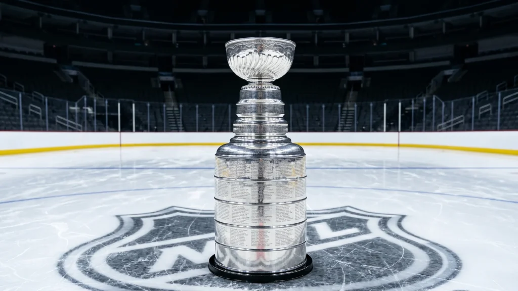 A photorealistic close-up of the tiered silver Stanley Cup hockey trophy sitting on bright ice with visible engraved names.